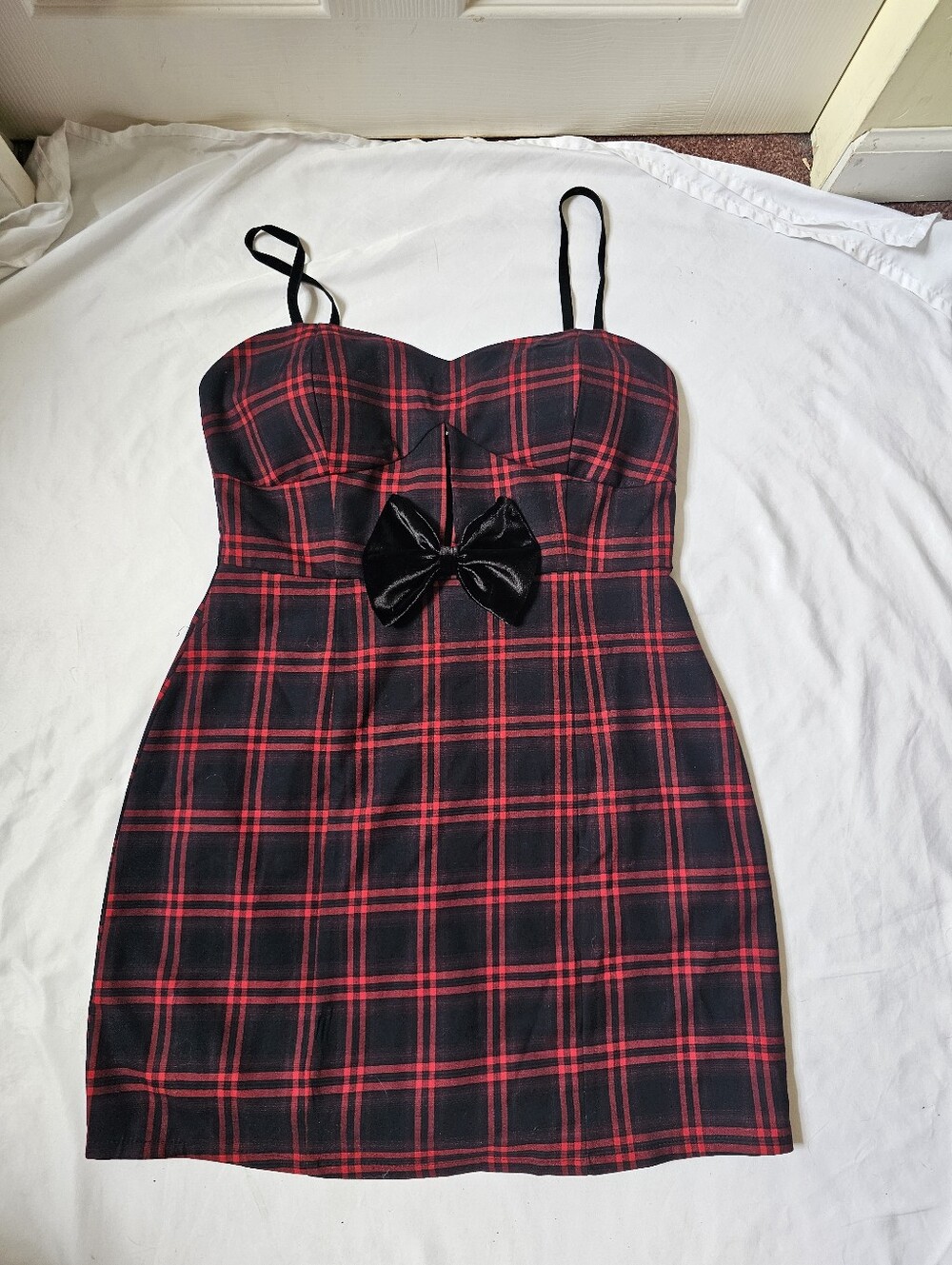 Avec Les Filles Size 8 Red Black Plaid Bustier Mini Dress with Bow - Picture 5 of 16